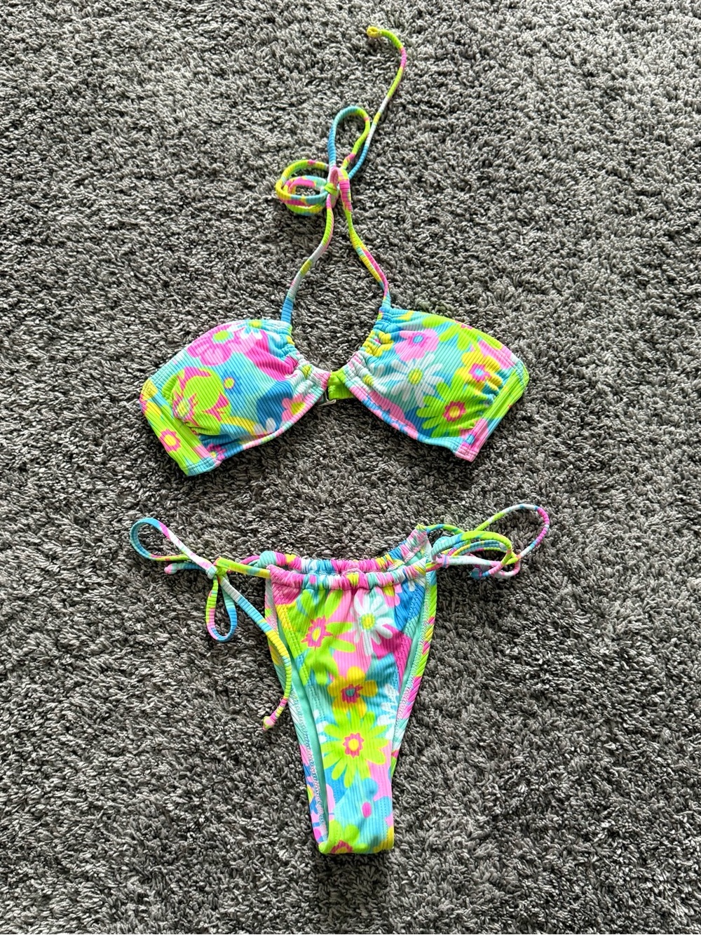 Neon Floral Tie-Side Bikini Set - Women's Bright Multicolor